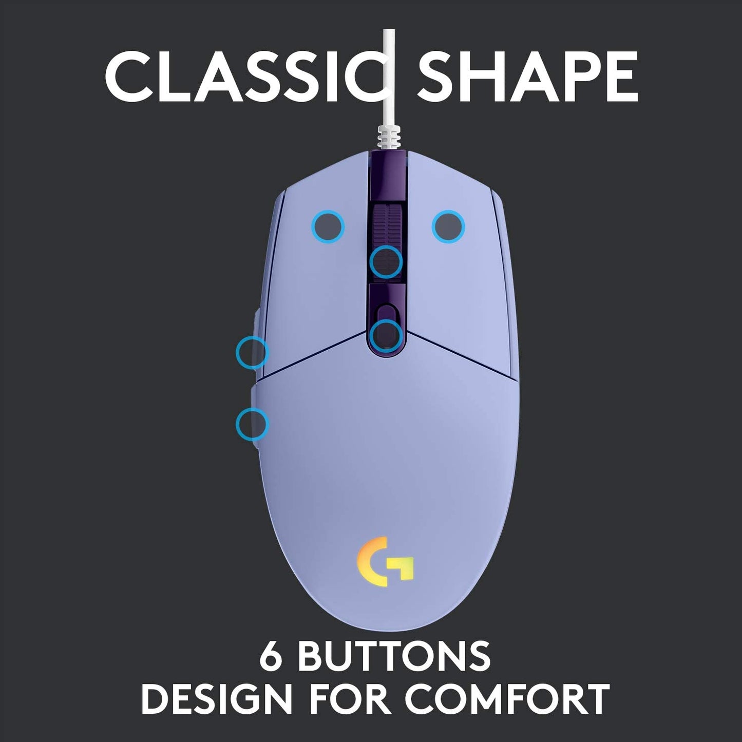Wired Gaming Mouse 203: 8,000 DPI, Rainbow Optical Effect LIGHTSYNC RGB. Features 6 Programmable Buttons, On-Board Memory, and Screen Mapping. Compatible with PC/Mac Computer and Laptop. Available in Lilac.