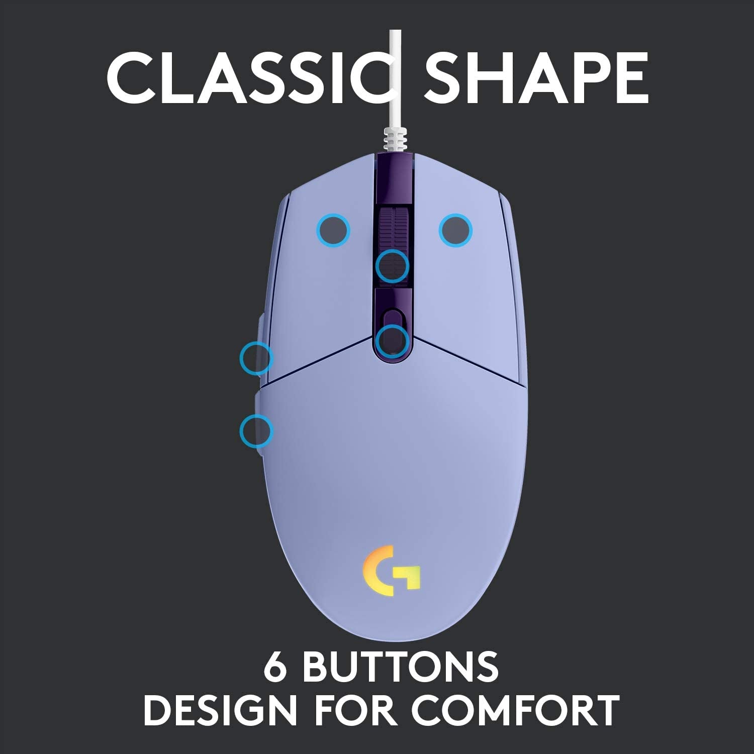 Wired Gaming Mouse 203: 8,000 DPI, Rainbow Optical Effect LIGHTSYNC RGB. Features 6 Programmable Buttons, On-Board Memory, and Screen Mapping. Compatible with PC/Mac Computer and Laptop. Available in Lilac.