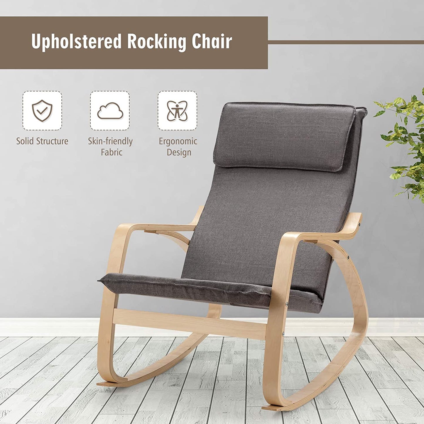  Rocking Chair with Removable Cushion, Leisure Armchair Suitable for Living Room, Bedroom, Balcony, Nursery Room Ergonomic Chair (1, Gray)