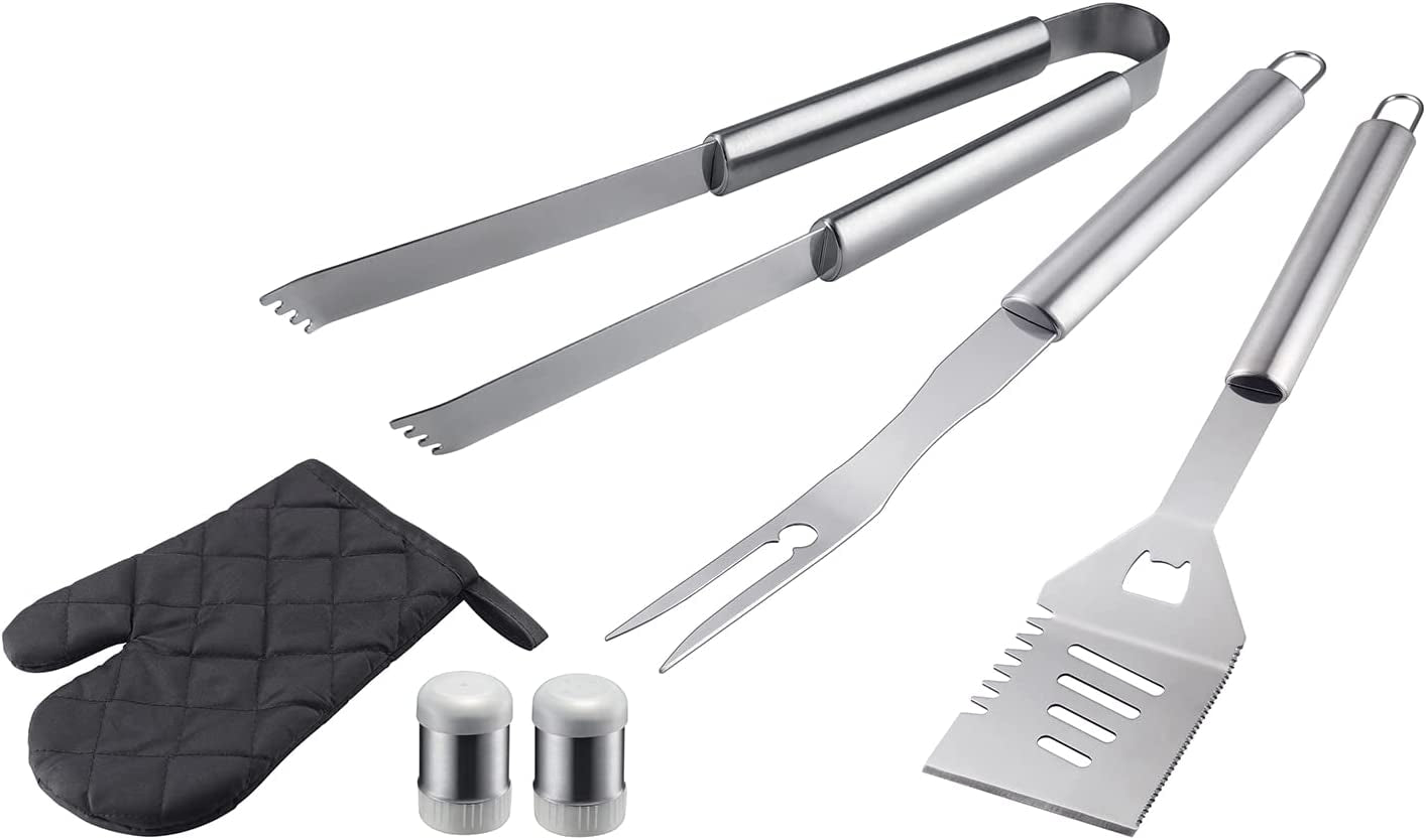 6-Piece Stainless Steel BBQ Grill Tool Set - Includes Spatula, Fork, Tongs, and More - Complete Outdoor Cooking Utensil Kit for Barbecue, Camping, and Grilling - Comes in a Convenient Box Packaging.