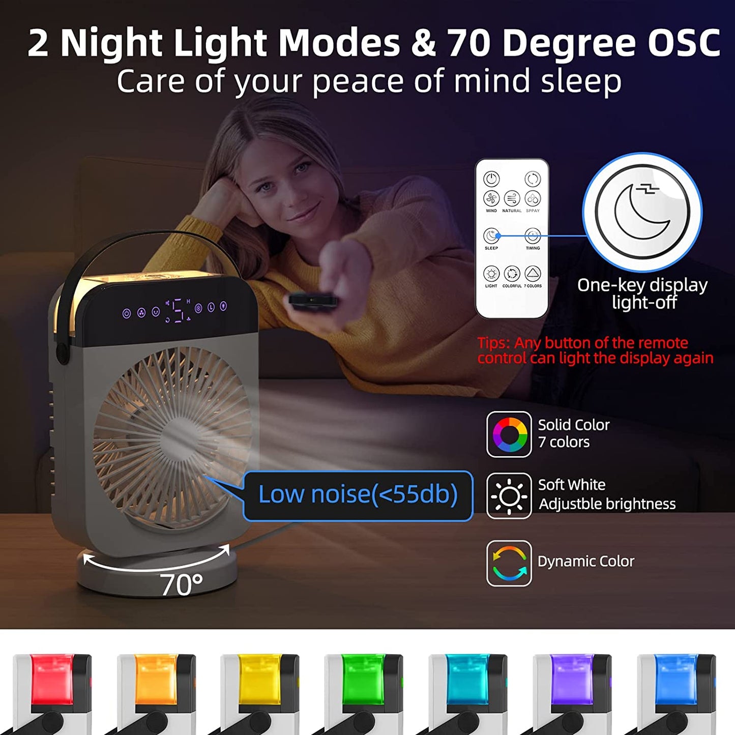 Compact Portable Air Conditioner: Equipped with 4 Speeds, Oscillation, Humidifier, and Timer Function. This Desktop Cooling Fan also features LED Display and comes with a Remote Control, making it ideal for Bedroom, Office, and Camping use.