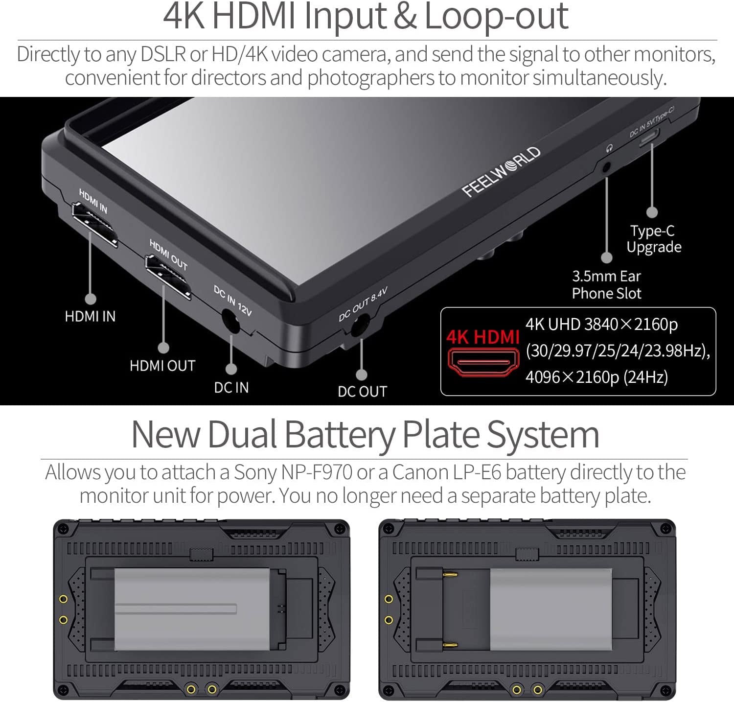 6-Inch DSLR Camera Field Monitor FW568 V3 with Waveform, LUTs, Video Peaking, and Focus Assist - Full HD IPS Display (1920x1080), 4K HDMI Input/Output, 8.4V DC Power Support, Includes Tilt Arm