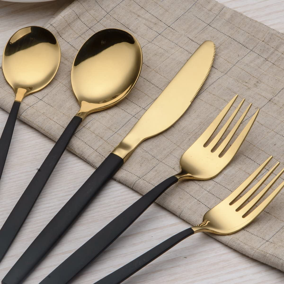  Black and  Golden 20-Piece Titanium-Plated Stainless Steel Flatware Set - Features Black Handles with Golden Accents, Providing a Unique and Elegant Black and Golden Cutlery Set for Service for 4.