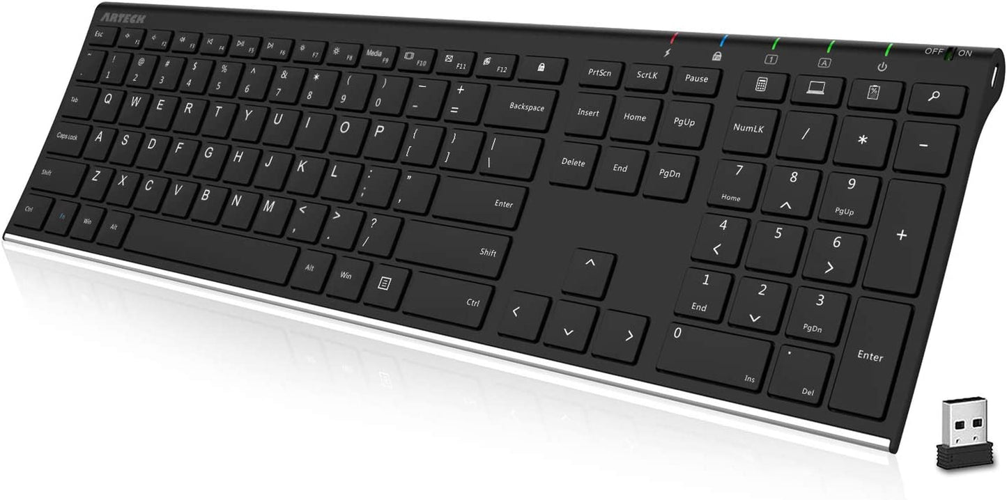 Ultra Slim Full Size Wireless Keyboard (2.4G) - Stainless Steel - Numeric Keypad - Compatible with Computer, Desktop, PC, Laptop, Surface, Smart TV - Supports Windows 10/8/7 - Built-in Rechargeable Battery