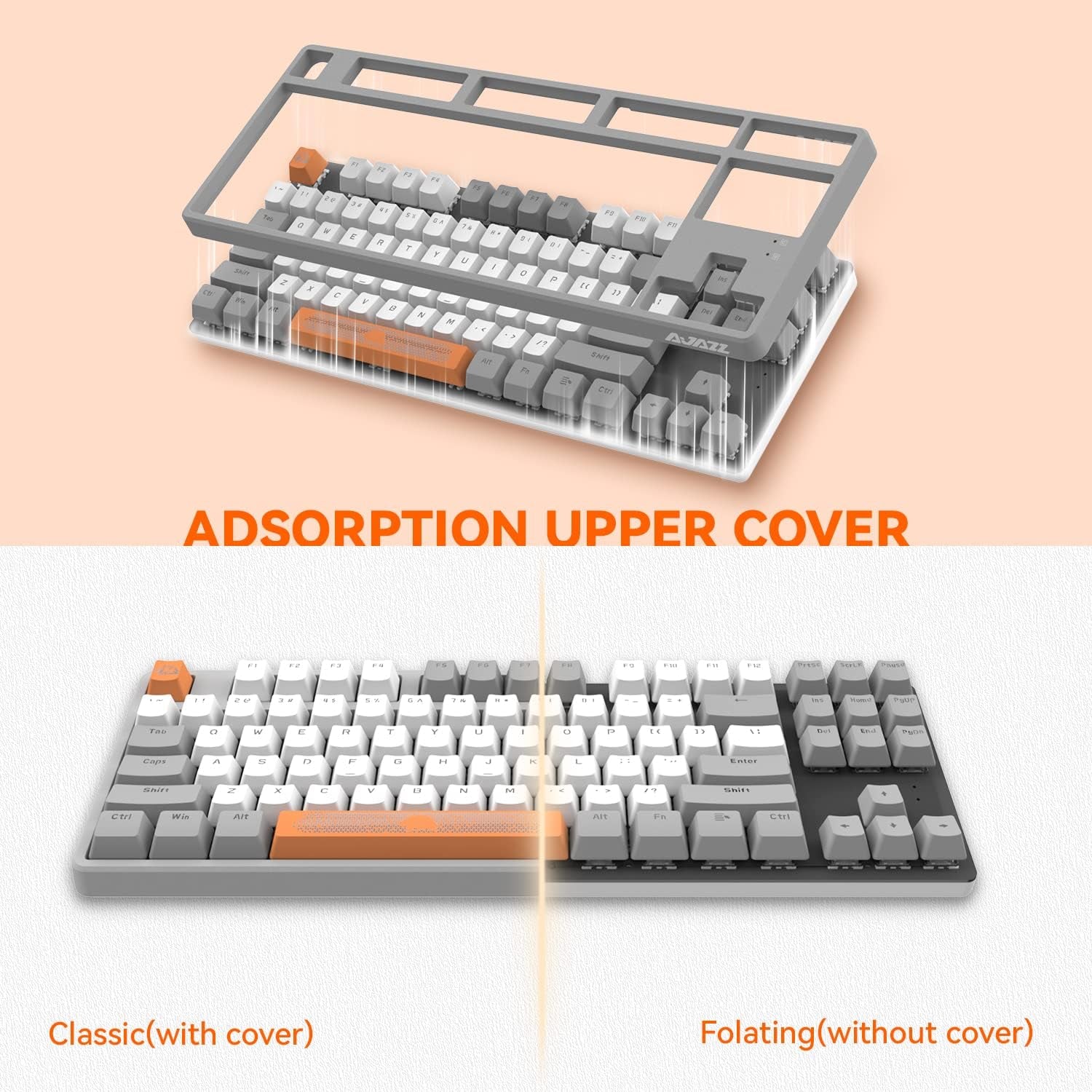 AK873 75% Wired Gaming Keyboard - Hot-Swap Blue Switch, PBT Keycaps, Rainbow LED Backlighting. TKL Ergonomic Mechanical Keyboard with Custom Coiled USB-C Cable for PC, Mac, PS4, Xbox Gamers Grey White