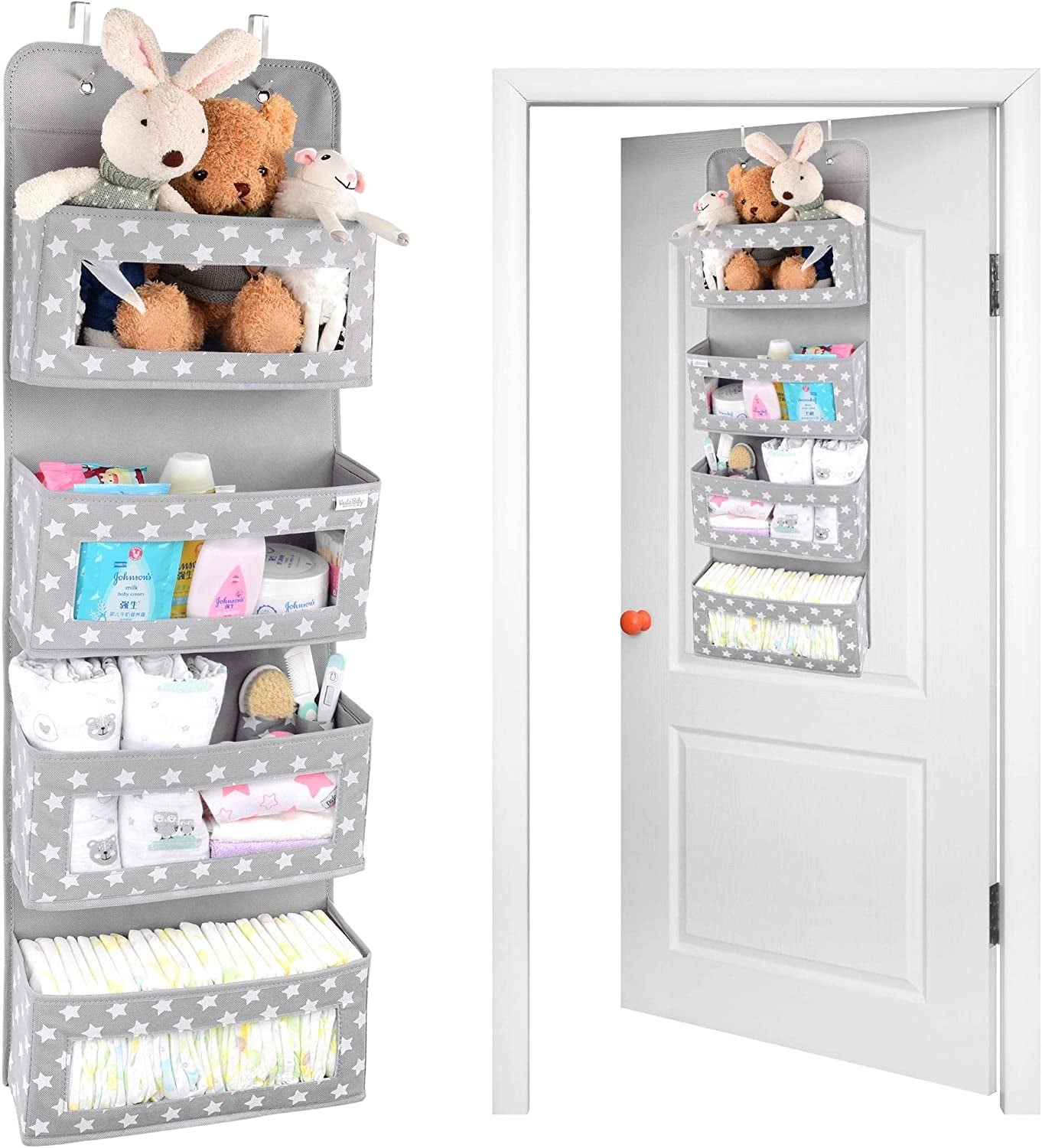 Over the Door Baby Organizer - 4 Pockets with Clear Window, 2 Utility Pockets. Unisex