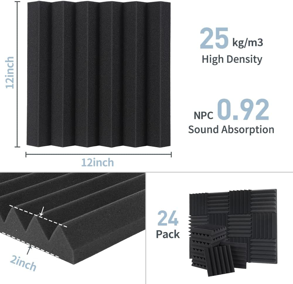 Acoustic Foam Panels - A Set of 24 High-Density 12 x 12 x 2 Inches Wedge-Shaped Soundproof Foam Panels for Acoustic Treatment, Studio Use, and Soundproofing, with Fire-Resistant Properties, in Black.