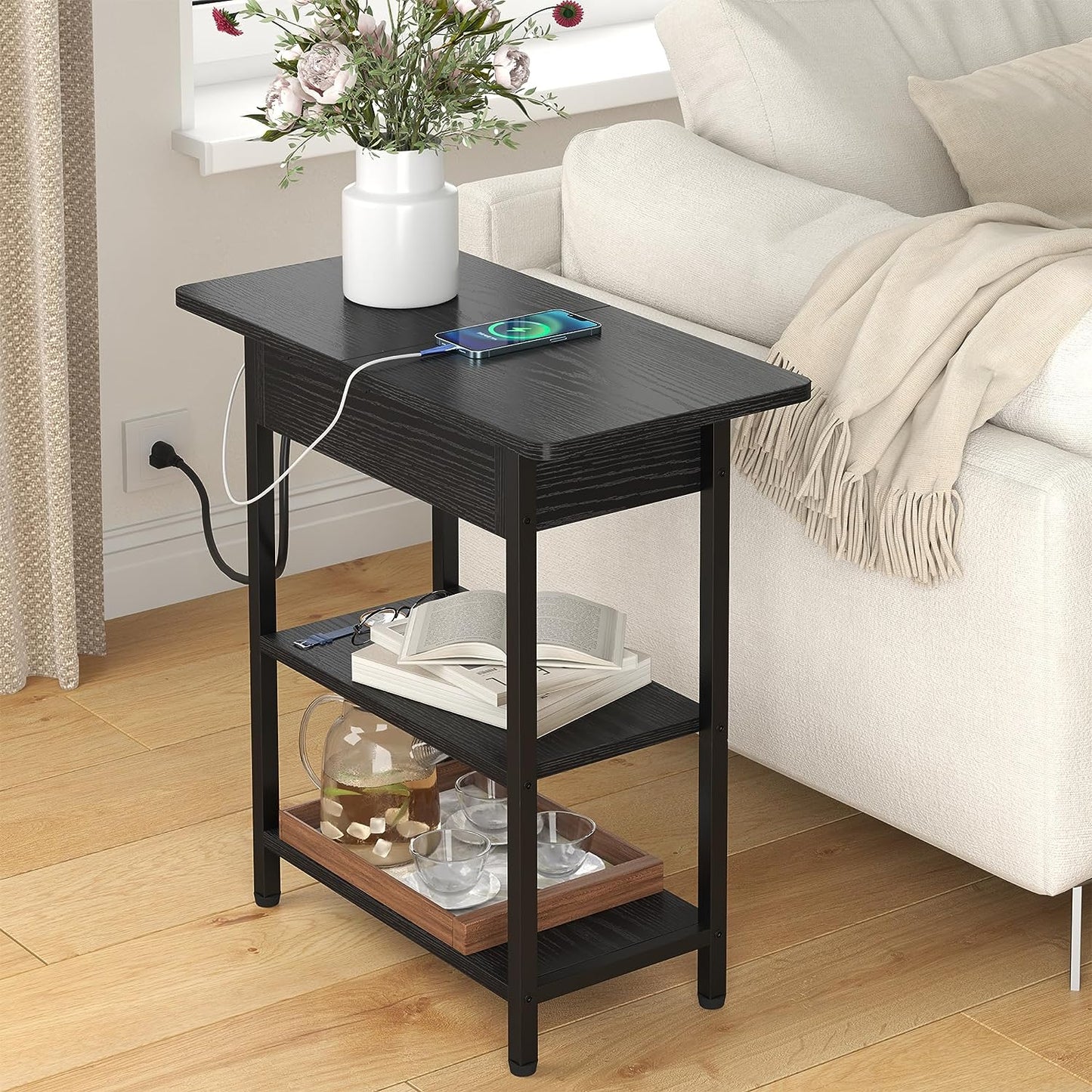 Charging Station End Table: Narrow Couch Side Table with USB Port, Outlet, and Flip-Top Design - Ideal for Small Spaces in Living Room or Bedroom - Color: Black