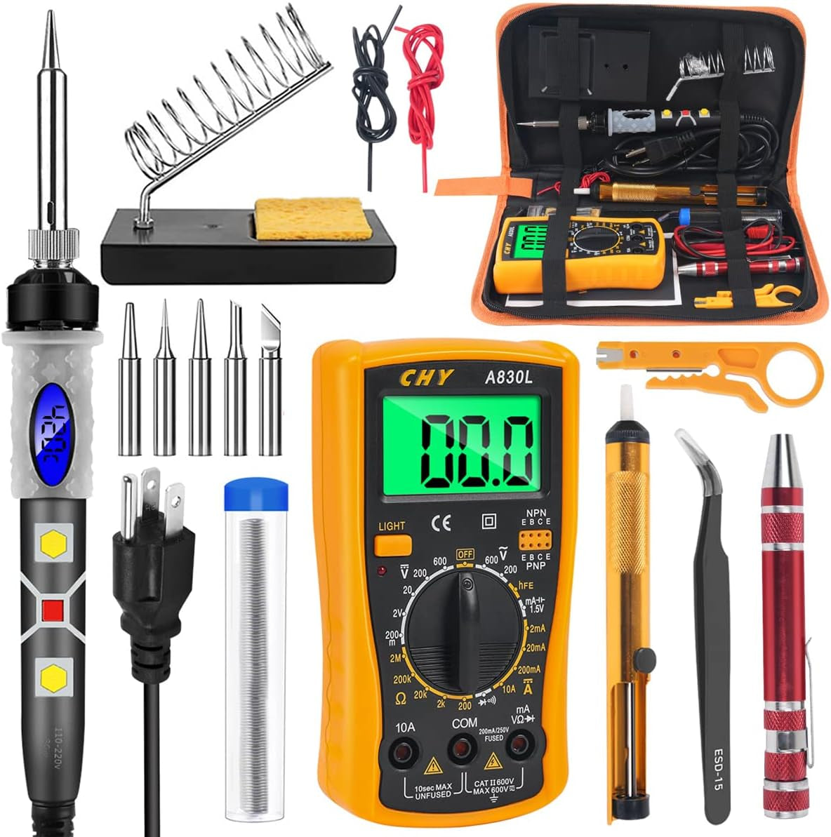Digital Multimeter Soldering Iron Kit: 80W LCD Welding Tool with ON/Off Switch and Adjustable Temperature Knob (200-450℃) for Electronics Repair
