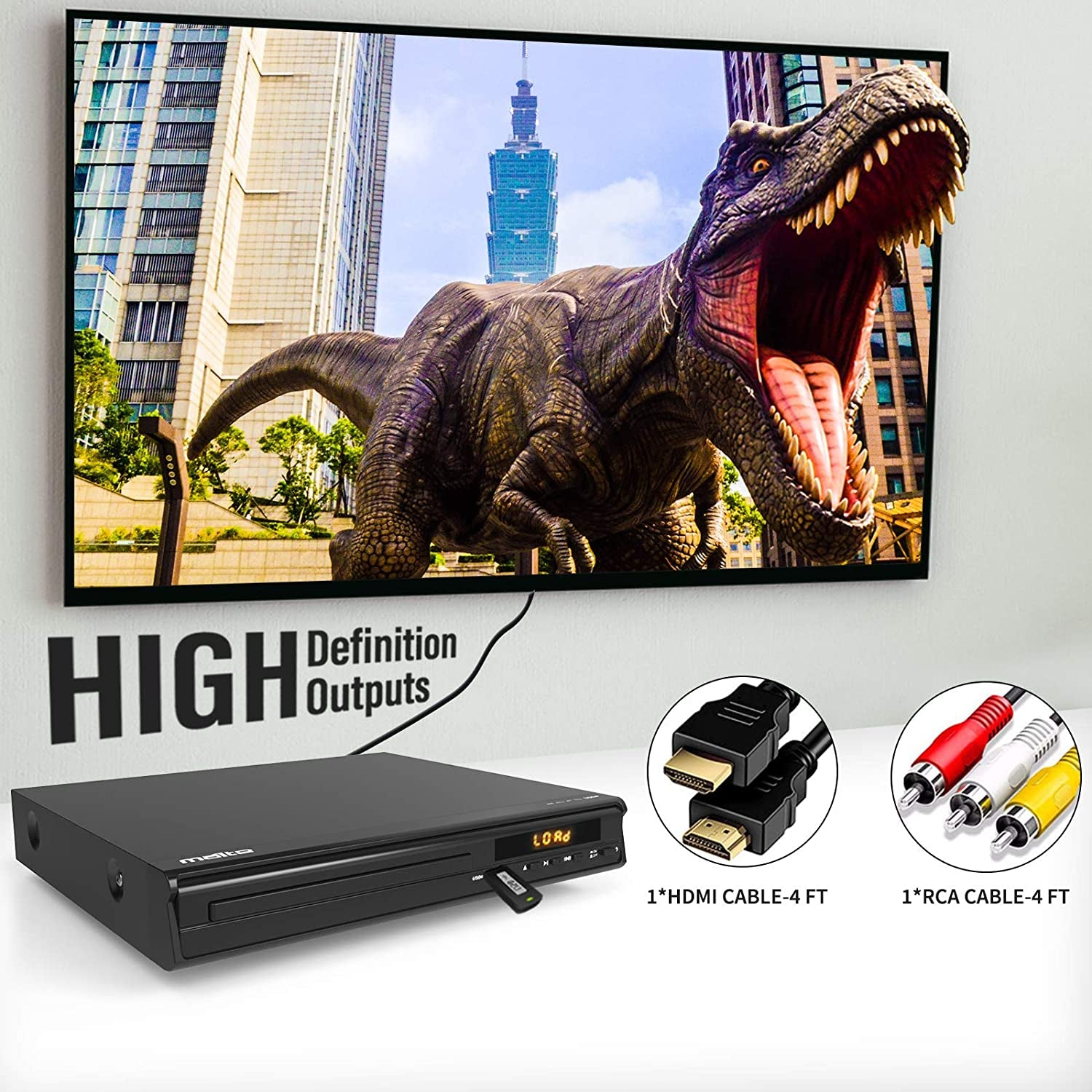 DVD Player with HDMI AV Output, NTSC/PAL System, Mic & USB Input - Includes HDMI/RCA Cables and Remote Control (Batteries Not Included)