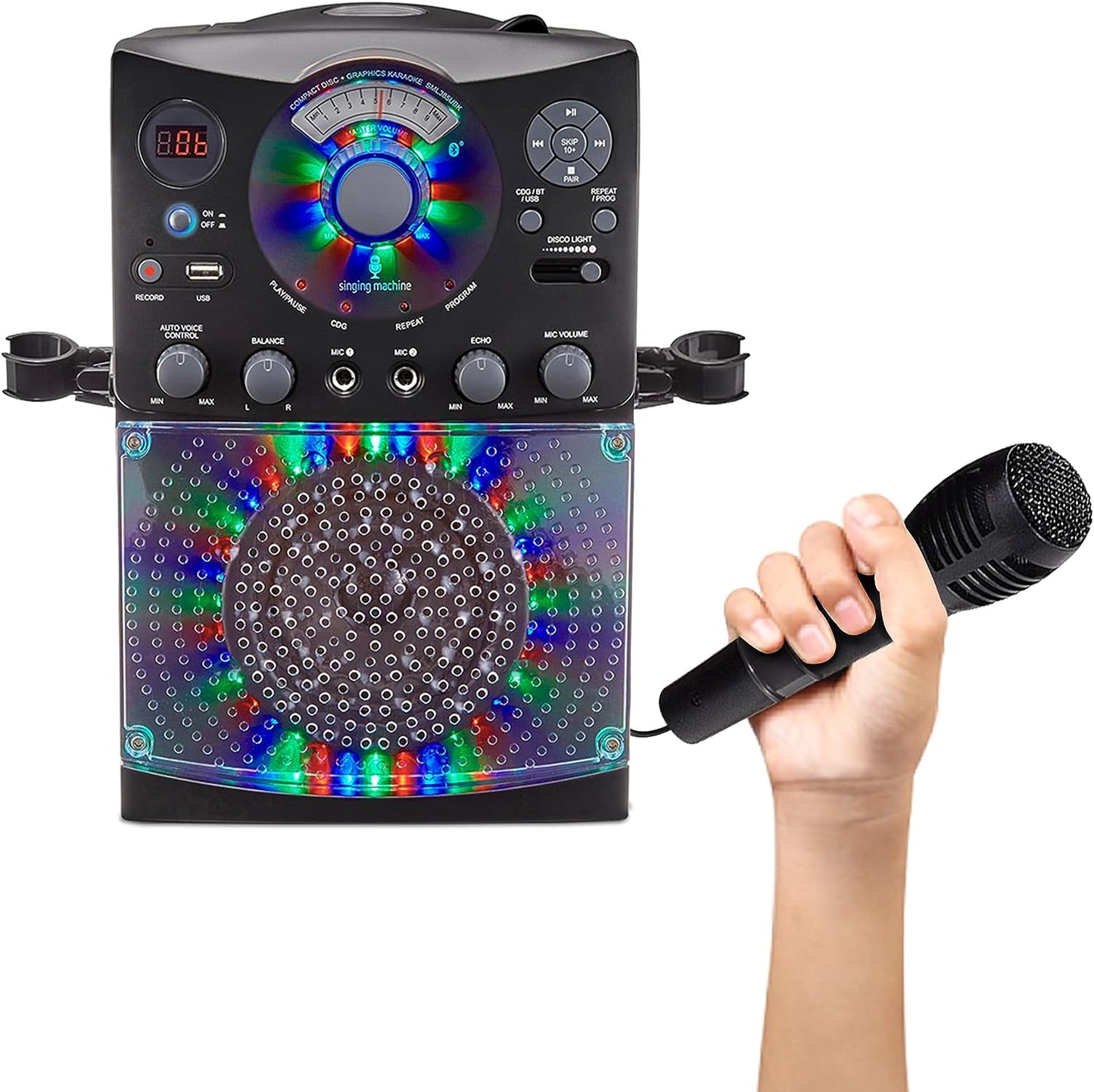 Bluetooth Karaoke System with LED Disco Lights, CD+G, USB, and Microphone, Black