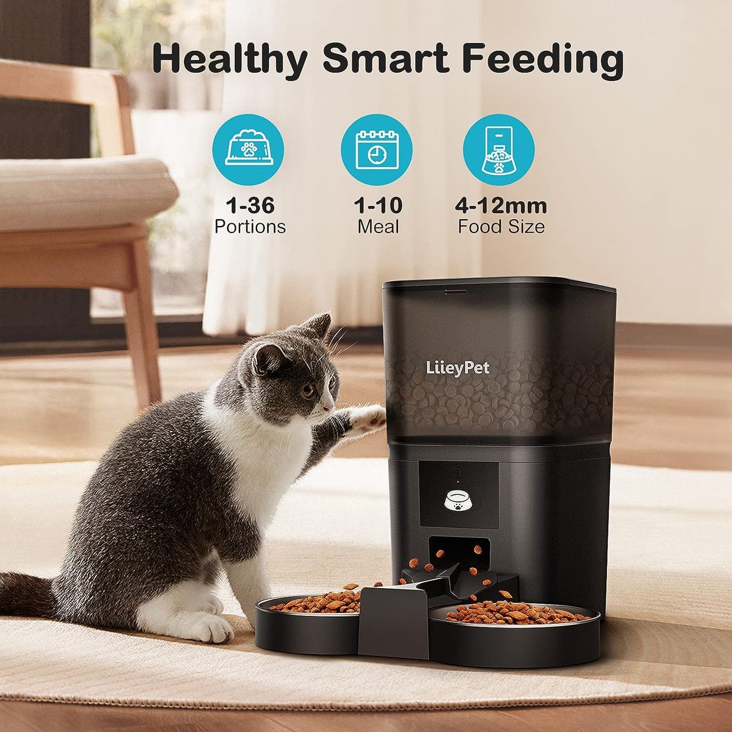 Automatic Cat Feeders - Smart Pet Food Dispenser for Dry Food - Equipped with 2.4G App Control - Features Double Stainless Steel Bowls - Offers Dual Power Supply - Allows for 1 to 10 Meals Per Day Programming.