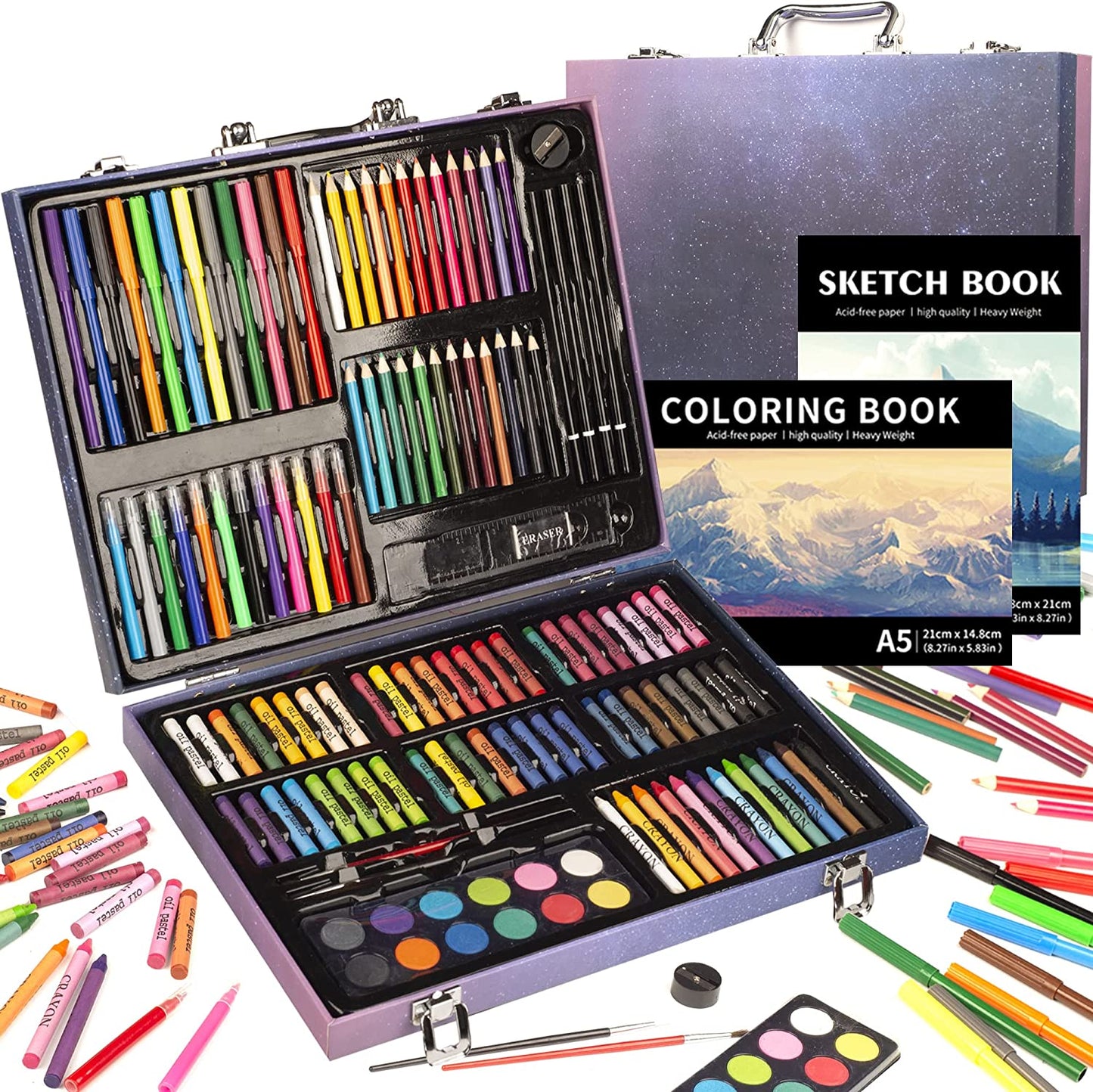 150-Piece Art Bundle with 2 Sketch Books - Complete Colouring and Drawing Kit with Wooden Art Supplies, Coloured Markers, Crayons, and Pencils for Aspiring Artists, Children, Teens, Boys, and Girls 