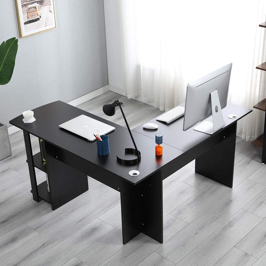 L-Shaped Computer Desk with Shelf - 59+51.2 inches L Desk Corner Computer Workstation Table with Desktop Shelf, Black 