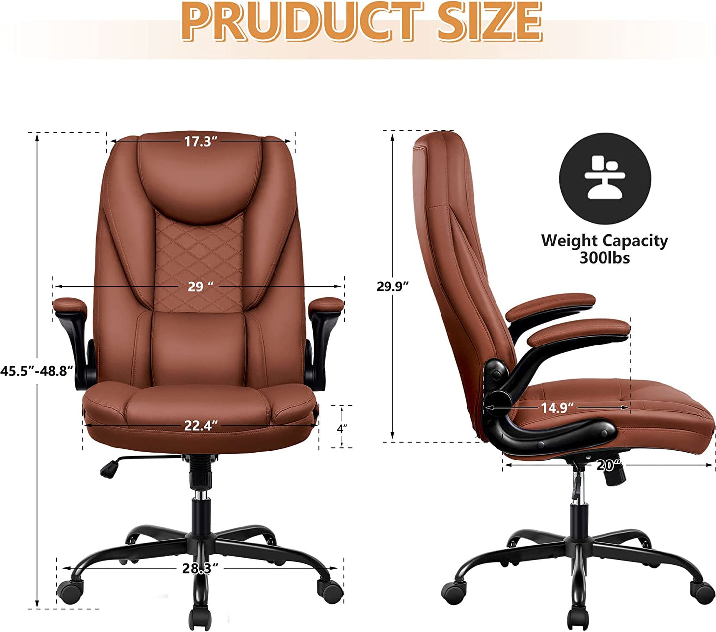 Executive Office Chair - Ergonomic Leather Chair with Adjustable Flip-Up Arms and Lumbar Support for Big and Tall Individuals - High Back Home Office Desk Chair for Increased Comfort and Productivity (Brown)