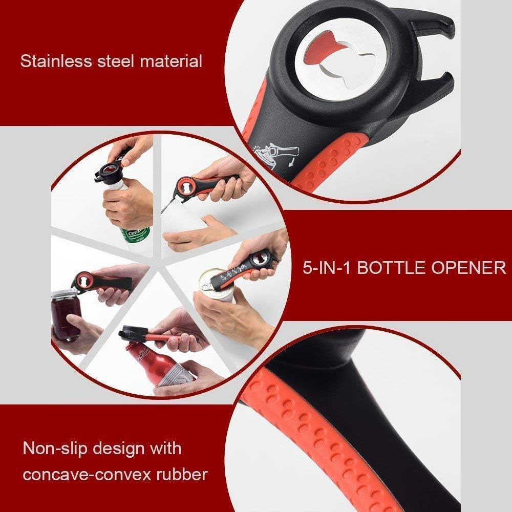 5-in-1 Multi-Function Kitchen Tool: Jar Opener, Manual Can Opener, Bottle Opener Kit in Red. Easily Open a Variety of Cans, Bottles, Jars, Beer, and Soda Pops with the Silicone Hand Gripper Aid.