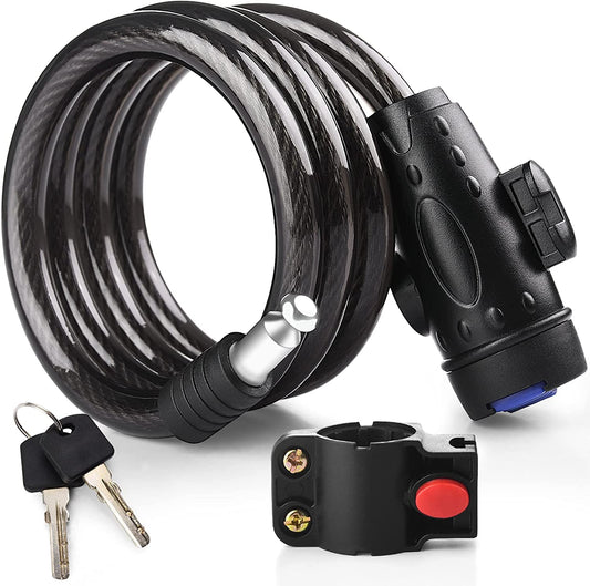 4ft Heavy Duty Bike Cable Lock with Mounting Bracket - Weatherproof Steel Coiled Key Lock for Bicycles, Motorcycles, Scooters, and Skateboards