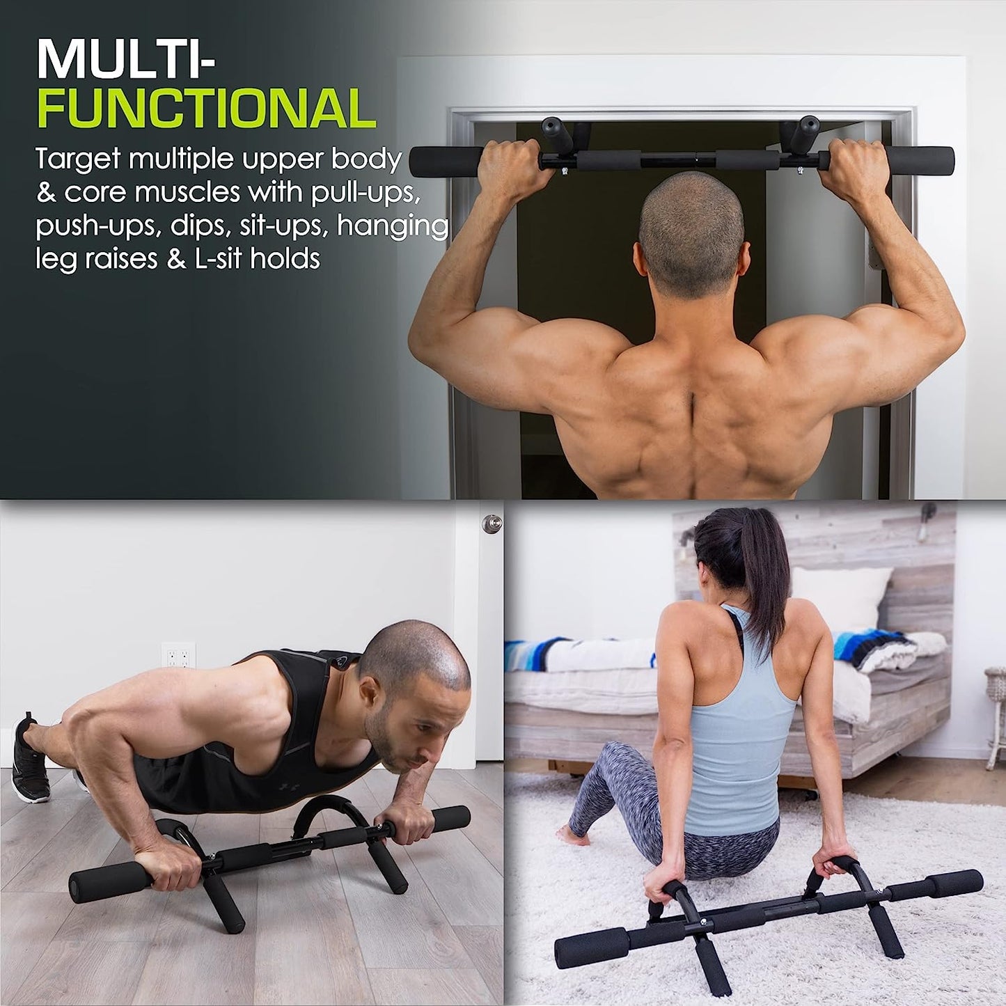 Heavy Duty Multi-Grip Lite Pull Up/Chin Up Bar,  Doorway Upper Body Workout Bar for Home Gyms 24 Inch  -32 Inch  , Black