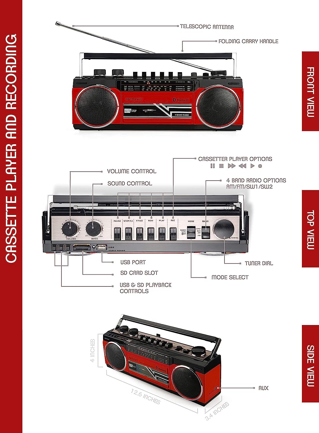  Cassette Boombox with Bluetooth, Cassette Player and Recorder, AM/FM/SW-1-SW2 Radio, USB, SD - Retro Blue, RED