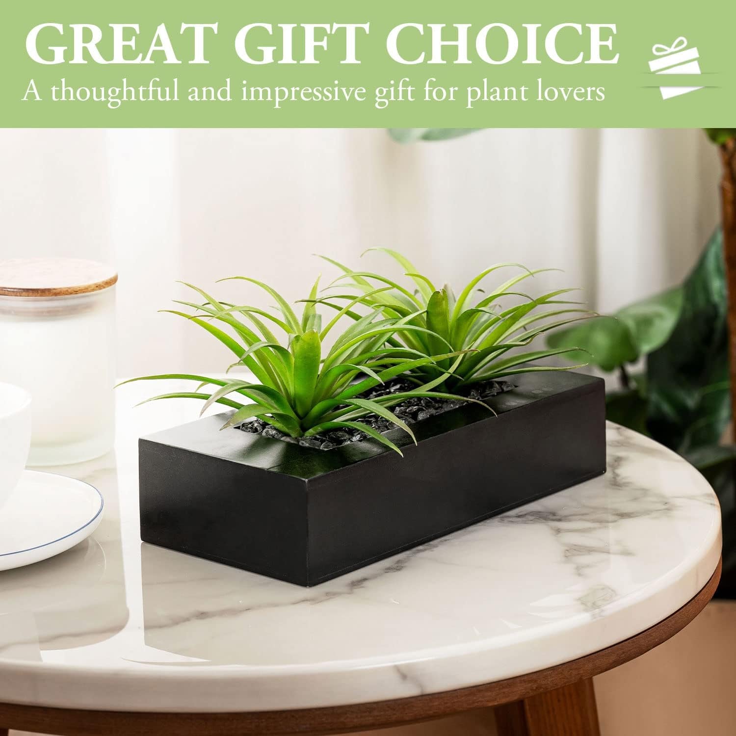 Artificial Green Grass Plants in Elegant Rectangular Planter Pot with Black Wood Finish