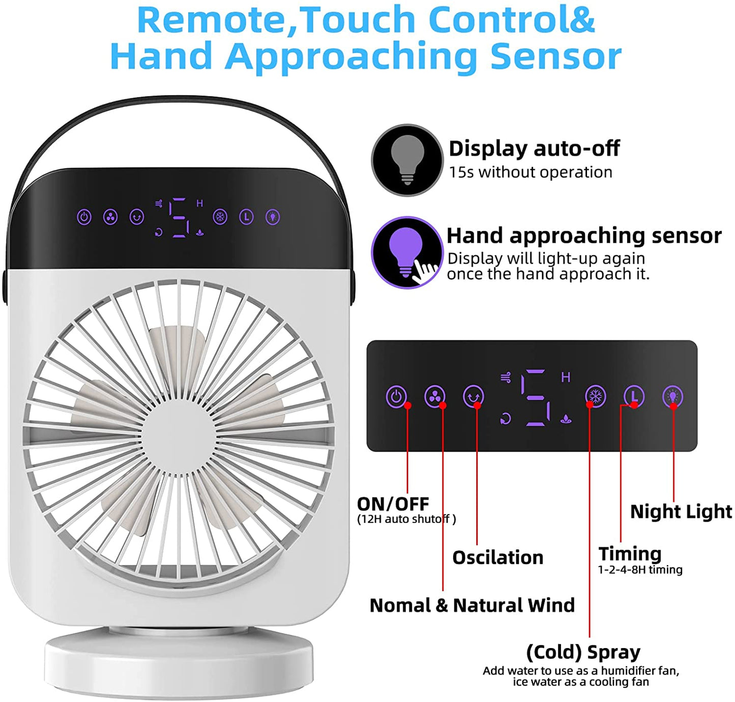 Compact Portable Air Conditioner: Equipped with 4 Speeds, Oscillation, Humidifier, and Timer Function. This Desktop Cooling Fan also features LED Display and comes with a Remote Control, making it ideal for Bedroom, Office, and Camping use.