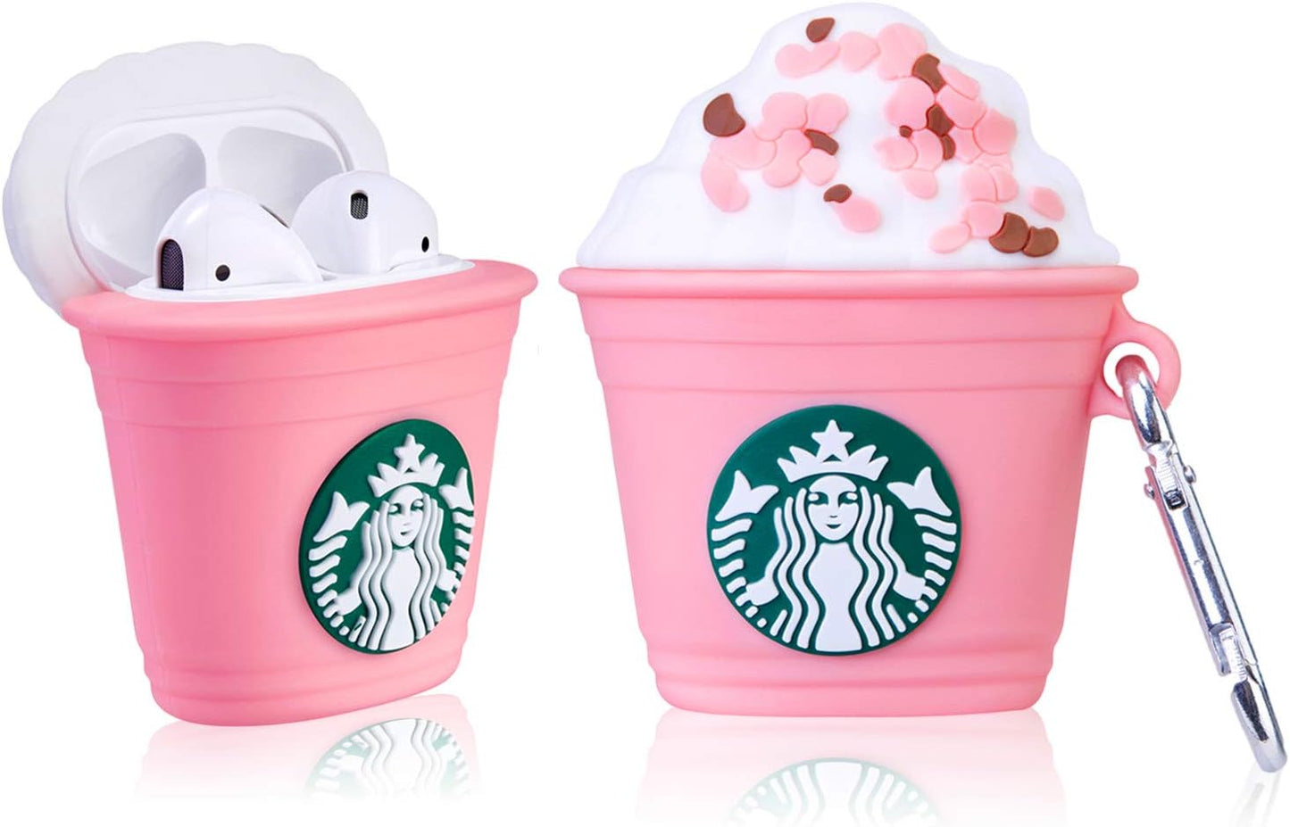 Pink coffee cup silicone AirPods case with 3D character design and keychain.