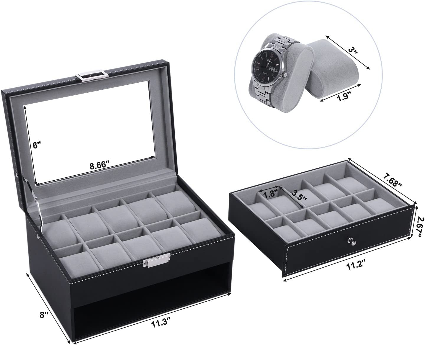 20 Men's Watch Display Storage Case with Metal Hinge, Black PU Leather, Glass Top, and Large Holder 