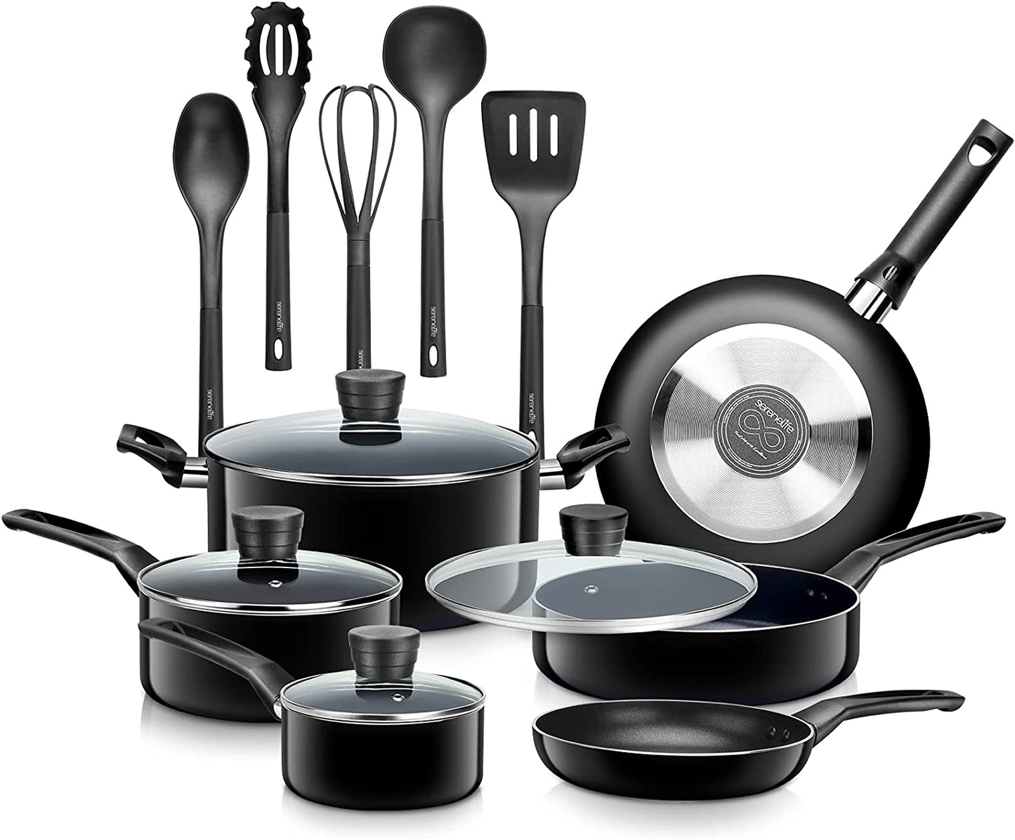 Kitchenware Pots & Pans: Basic Kitchen Cookware in Black with Non-Stick Coating Inside and Heat Resistant Lacquer. This 15-Piece Set comes in One Size