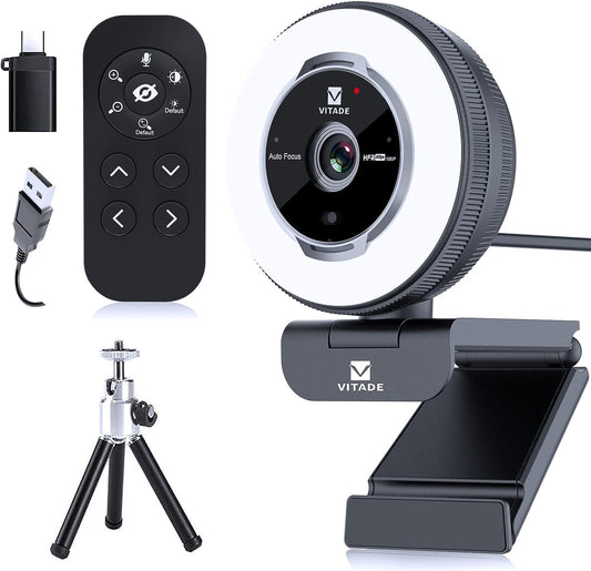 Remote-Controlled Zoom Webcam: Vitade 1080P 60FPS Streaming Webcam with Ring Light and Tripod - USB, 5X Digital Zoom - Ideal for Zoom, Skype, Teams, Laptop, Mac, Windows