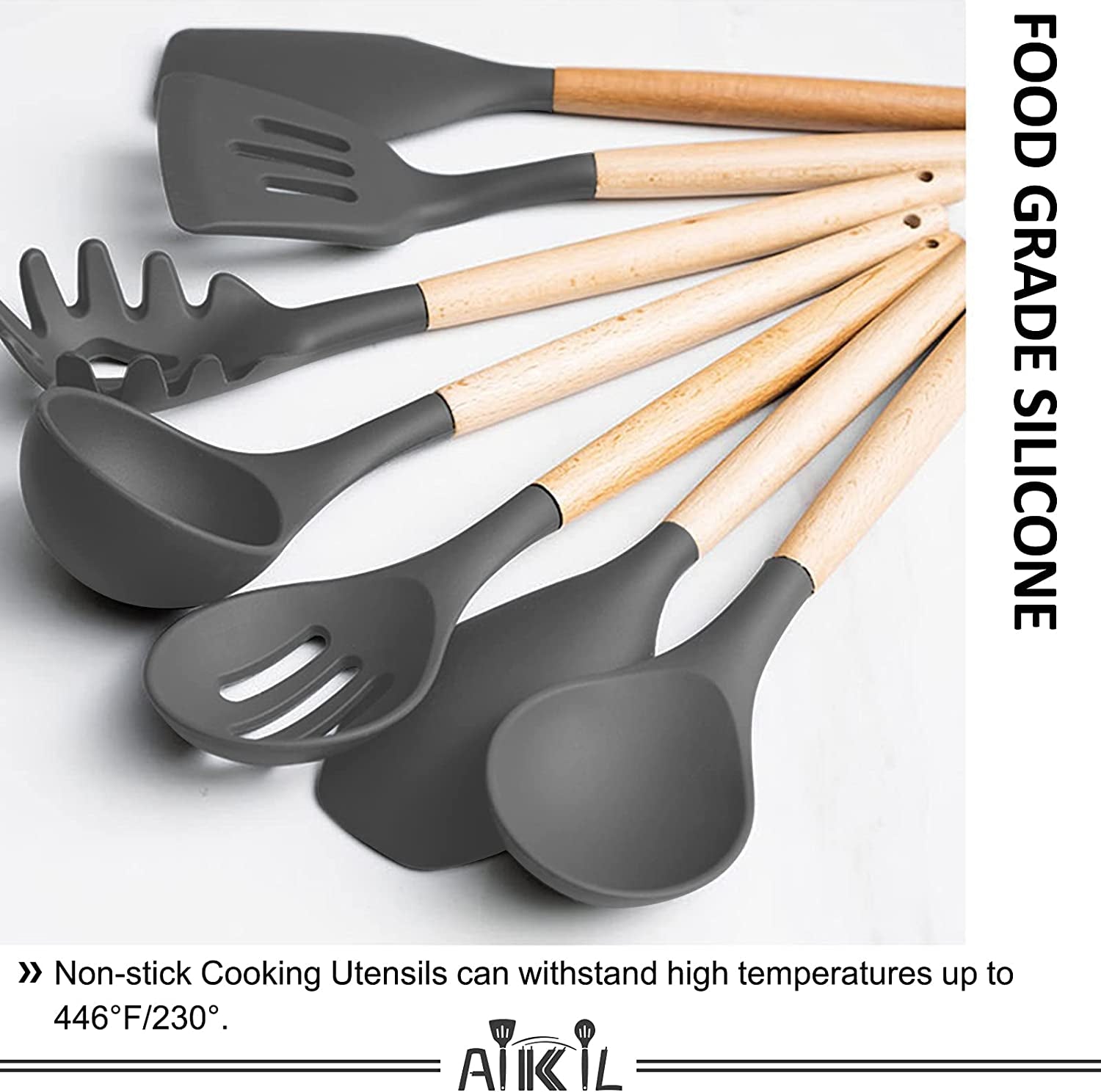 26-Piece Kitchen Cooking Utensils Set - Includes Non-Stick Silicone Cooking Utensils Spatula Set with Wooden Handles, Holder Included; Grey Colo