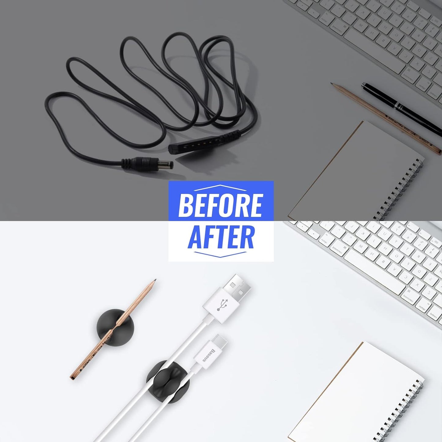 Cable Clips 16 Pack - Self Adhesive Cord Organizer for USB Charging Cables, Power Cord, Mouse Cables, Headphone Cords - Wire Management Solution (Black)
