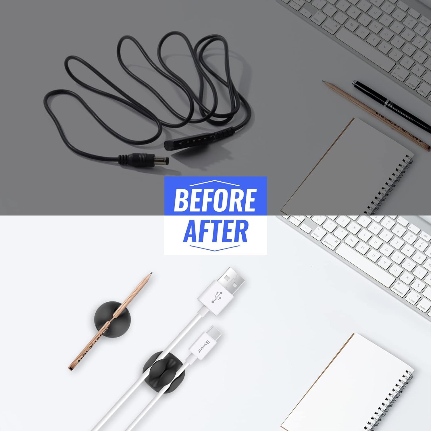 Cable Clips 16 Pack - Self Adhesive Cord Organizer for USB Charging Cables, Power Cord, Mouse Cables, Headphone Cords - Wire Management Solution (Black)