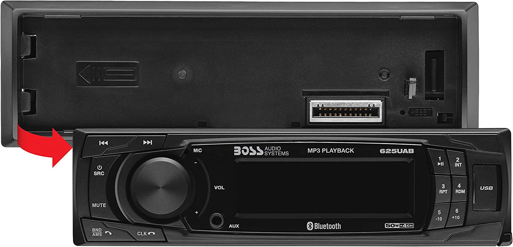 AUDIO 625UAB Single-DIN MECH-LESS Receiver - Features Bluetooth, Detachable Front Panel, and includes a Wireless Remote for convenience.