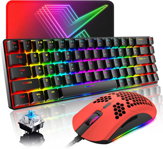 60% Mechanical Gaming Keyboard and Mouse Combo: Ergonomic Mini Anti-Ghosting 68Key with 18 Chroma RGB Backlight. Includes Honeycomb Mice with 6400DPI and Type-C Wired Connection. Ideal for PC, Mac, Gamer  Black+Red