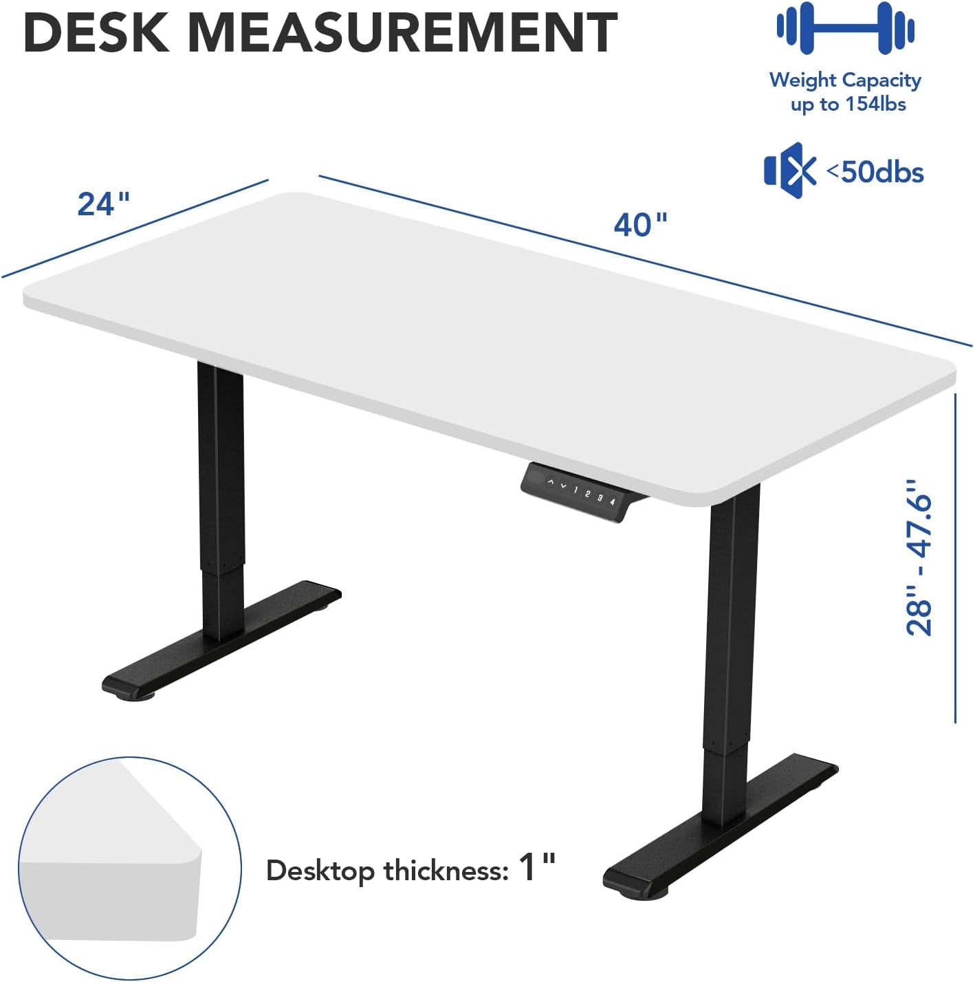 Standing Desk Whole-Piece Desktop with Memory Controller Electric Height Adjustable Stand Up Desk (Black Frame + White Top, 2 Packages), 40x24''
