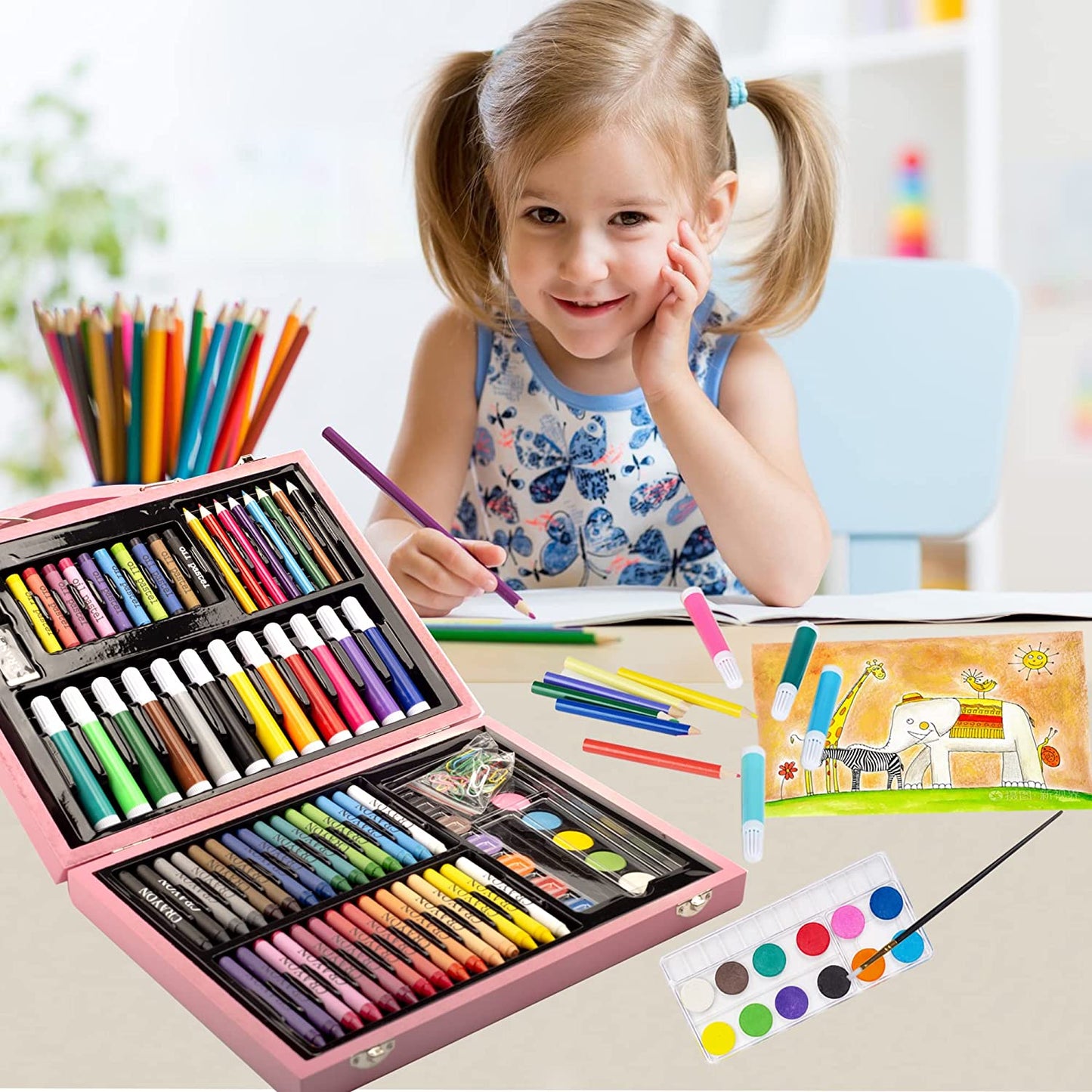  86-Piece Kid's Art Colouring Set, Wooden Case with Drawing Supplies, Including Markers, Crayons, and Coloured Pencils, Perfect for Young Artists - Boys, Girls, Teens (Pink Version)