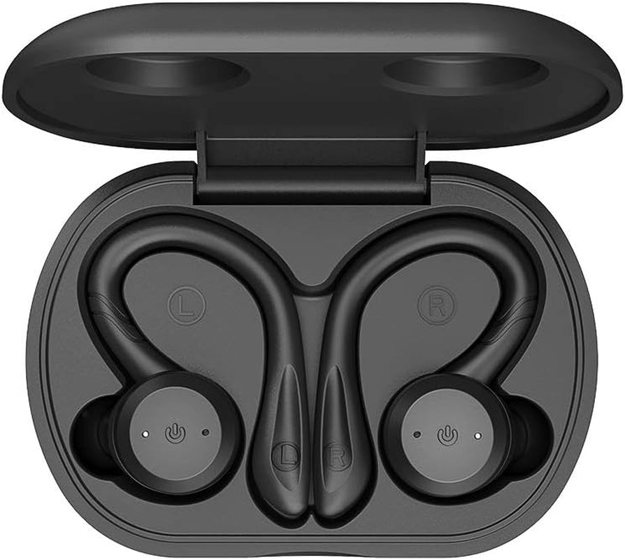 Wireless Bluetooth Sport Earbuds - IPX7 Waterproof, Earhook Design, Stereo Sound, Built-in Mic, Portable Charging Case (Black)