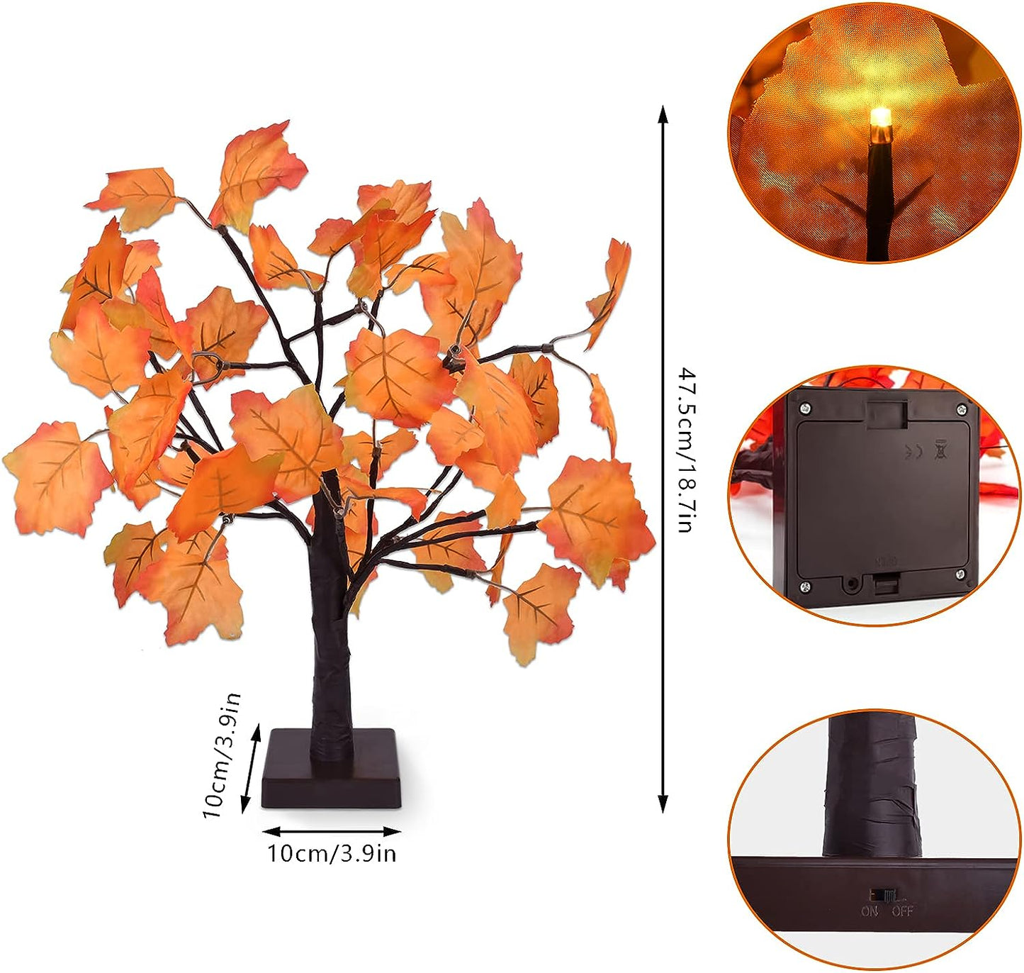 18.7in Artificial Lighted Maple Tree - This Fall Decor features 24 LED lights and is perfect for tabletop use. It adds a warm and festive touch to your home's indoor Thanksgiving and Autumn Decorations. Battery operated for convenience.