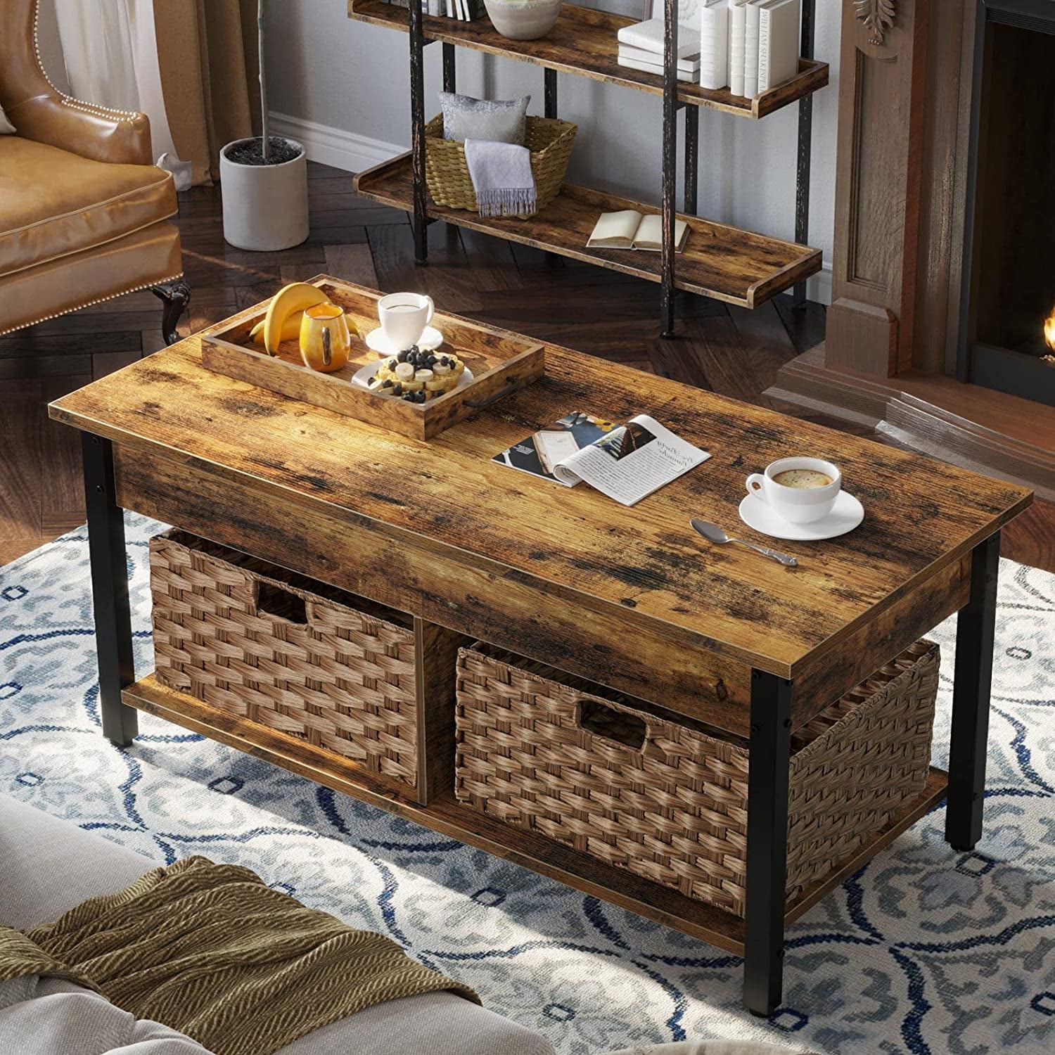  Retro Coffee Table with Lift Top, Hidden Storage Compartment, and Rattan Baskets - Wooden Lift Tabletop and Metal Frame - Rustic Brown - Ideal for Living Room