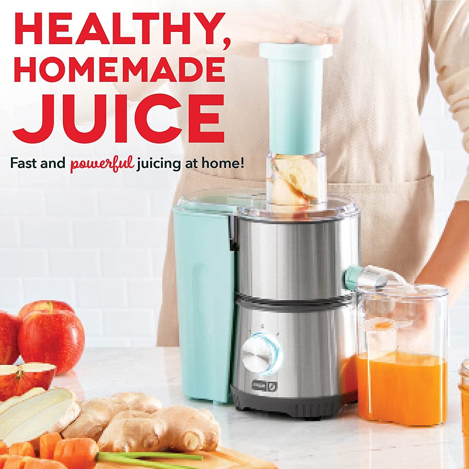 Compact Centrifugal Juicer - 2-Speed Press Juicing Machine with a 2" Wide Feed Chute for Whole Fruits and Vegetables, Anti-drip Feature, Stainless Steel Sieve in Aqua