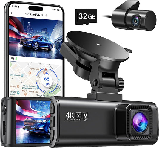 Full HD Car Dashboard Recorder with 4K/2.5K Front Rear Camera, 3.18” IPS Screen, Wi-Fi GPS Night Vision Loop Recording 170° Wide Angle WDR - Includes Free 32GB Card