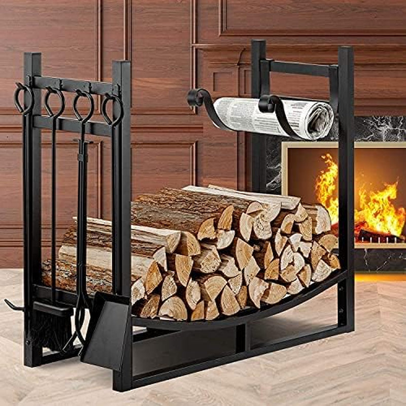 Spacious Firewood Rack with Fireplace Tools - Indoor/Outdoor Fireplace Tool Organizer, Robust Kindling Holder, Sturdy Wood Storage Log Rack, Stacker Stand with Stove Accessories in Black