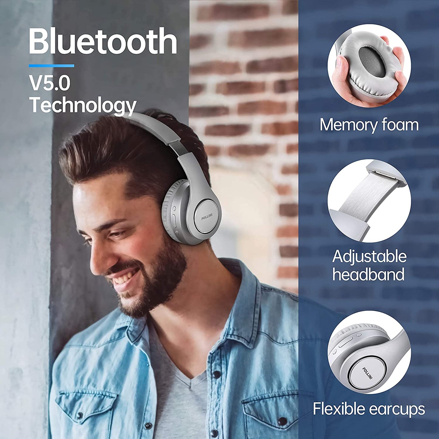 40H Playtime Bluetooth Headphones Wireless, Foldable Over Ear Headphones with Microphone, Deep Bass Stereo Headset with Soft Memory-Protein Earmuffs for iPhone/Android Cell Phone/PC(Silver)