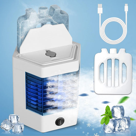 Mini Portable Air Conditioner Fan: Doubles as a Personal Space Cooler and Humidifier. Suitable for Office, Home, Bedroom, Garden, and Picnics. Features Two Modes and Powered via USB Interface.