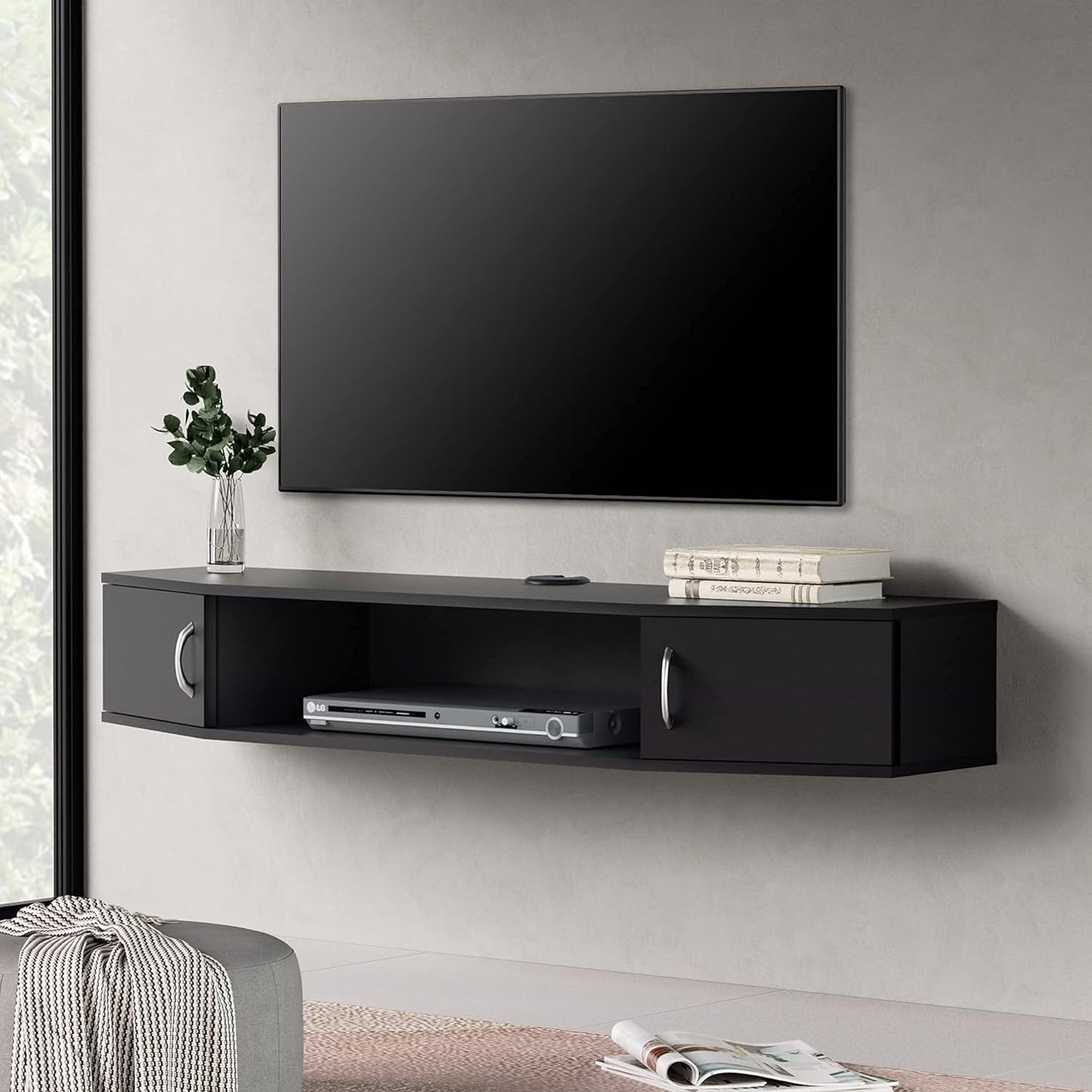 Wall Mounted Floating TV Stand for Flat Screen TVs up to 50", Black, 43.3 inch - Storage Entertainment Center with Doors and Shelves for Living Room