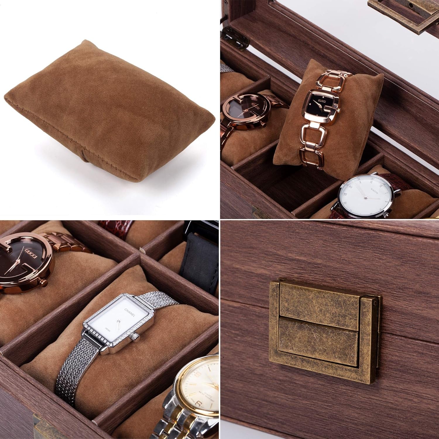 Men's Wood Grain PU Leather Watch Box Organizer with Glass Top and Removable Storage Pillows