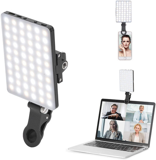 High Power 60 LED Rechargeable Clip Fill Video Light with Front & Back Clip - Adjustable 3 Light Modes for Phone, iPhone, Android, iPad, Laptop - Ideal for Makeup, Vlogging, TikTok, and Video Conferencing