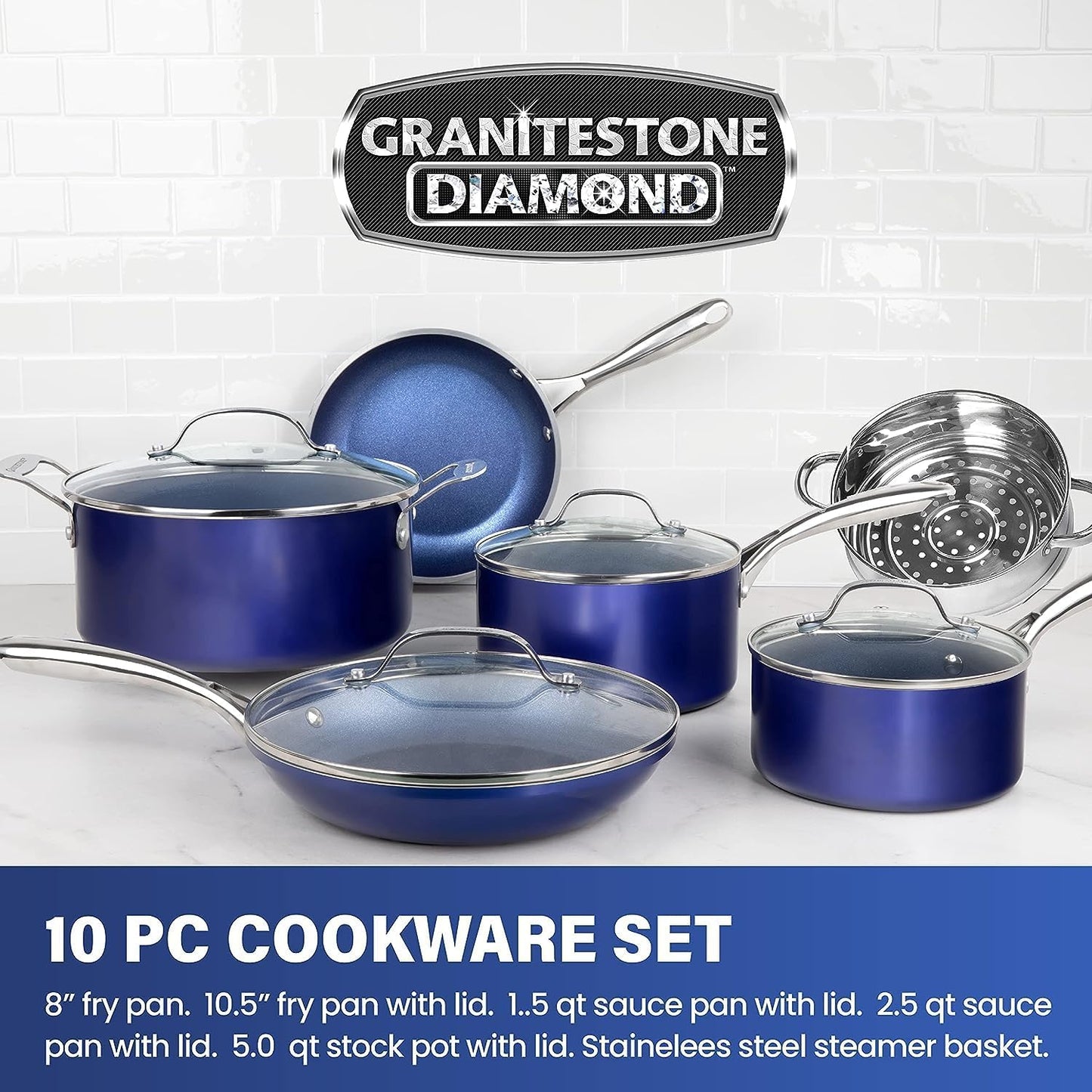 Blue 10-Piece Non-Stick Cookware Set - High-Quality, Long-Lasting Kitchen Set with Pot and Pan Set, Heat-Resistant Handles, Oven and Dishwasher Safe, 100% Toxin-Free