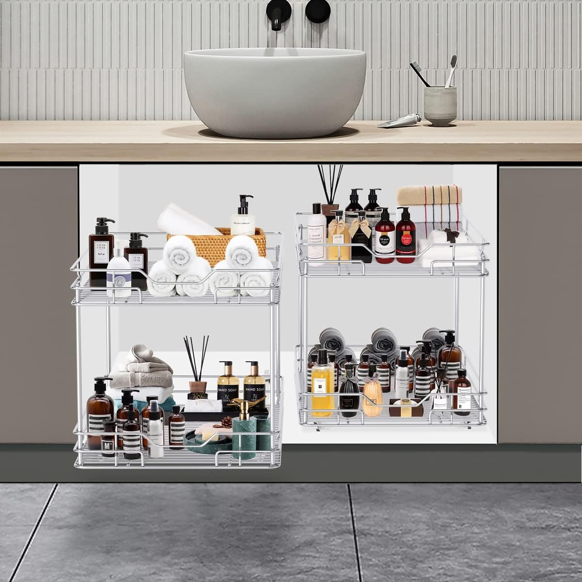 Under Sink Bathroom Organizer with 2-Tier Cabinet Organizers and Storage Basket Shelf for Kitchen - Chrome Finish, 21''Dx14''W