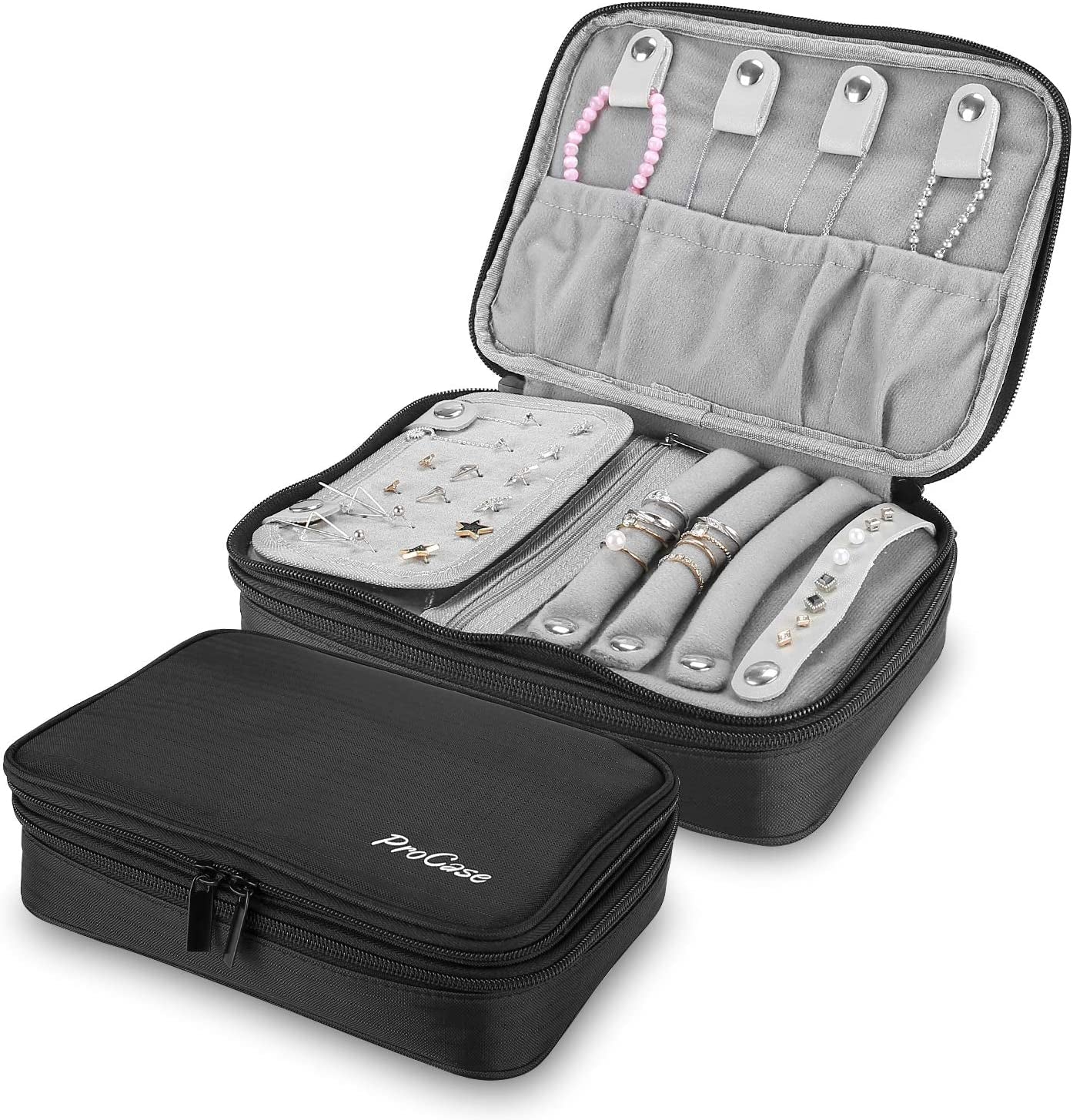 Portable Jewelry Organizer Bag with Double Layer Storage, Soft Padded Carrying Case for Earrings, Rings, Necklaces, Bracelets, and Watches – Black